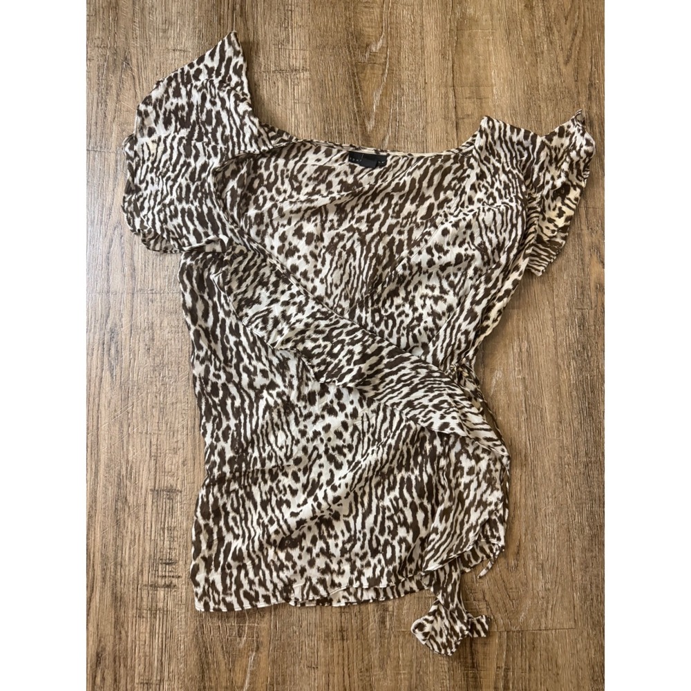 Apostrophe Animal Print Wrap Blouse Brown White Short Sleeve Ruffle Trim Top